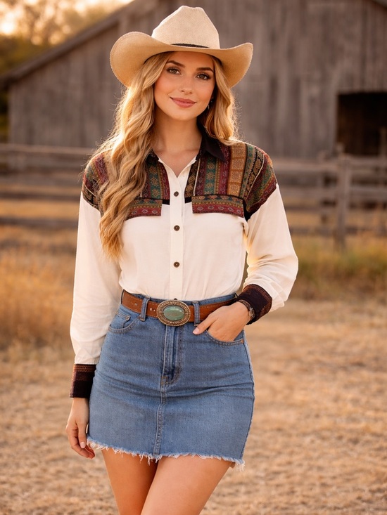cleo Tops - Vintage-Inspired Cream Button-Up Shirt with Patterned Yoke western Medium